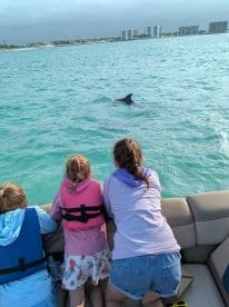 Children excitedly watch a dolphin swimming alongside their boat, creating a memorable wildlife encounter in the beautiful turquoise waters.