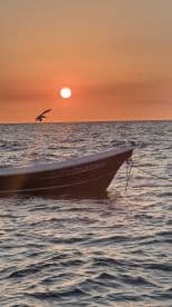A serene sunset view featuring a boat anchored in the water, creating a picturesque scene perfect for tranquil evenings on the sea.