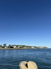 A picturesque view of a waterfront coastline with luxurious homes, captured from a boat, showcasing the beauty of a sunny day on the water.