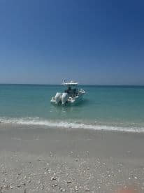 A sleek speedboat is docked in shallow waters, showcasing its design against a backdrop of clear blue skies and gentle waves — perfect for a day of adventure on the water.