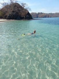 A snorkeler enjoys the crystal-clear waters at a serene beach, perfect for underwater exploration and relaxation.