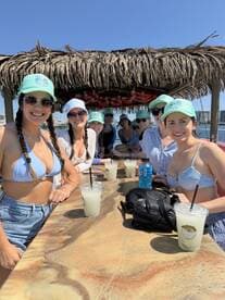 A lively group of friends enjoys cocktails under a thatched roof, celebrating together on a sunny day — perfect for a fun day out on the water.