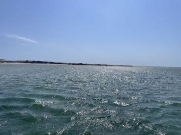 A distant view of water and land under a clear sky, lacking identifiable subjects or details.
