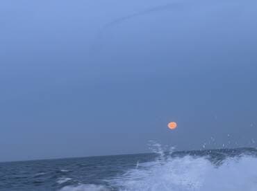 A stunning view of the ocean at sunset, with a vibrant orange moon rising above the water — a perfect backdrop for evening boat trips.