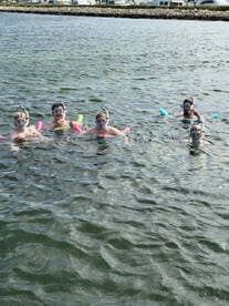 A cheerful group enjoys snorkeling in clear waters, showcasing a fun-filled day of swimming and exploration.