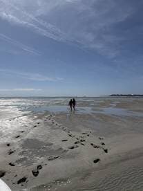 A couple strolls hand-in-hand along a sandy beach at low tide, creating a romantic atmosphere perfect for beach getaways.