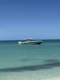 A sleek speedboat anchored in calm turquoise waters, showcasing the perfect setting for a day of adventure on the sea.