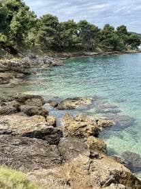 A serene view of a rocky coastline with clear turquoise waters and lush greenery, perfect for nature lovers and beachgoers seeking tranquility.
