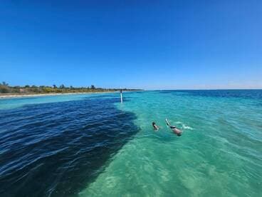 Two swimmers enjoy the crystal-clear waters, perfect for snorkeling and exploring marine life — an ideal scene for beach lovers and adventure seekers.