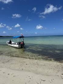 A small boat is docked on a sandy beach with a clear blue sky overhead, perfect for a day of relaxation and exploration on the water.
