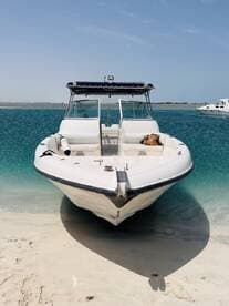 A sleek speedboat docked on a sandy beach, showcasing its elegant design against the backdrop of clear turquoise waters — perfect for a day of adventure on the water.
