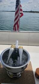 A stylish ice bucket with champagne and flutes set against a scenic waterfront backdrop, perfect for celebrating special moments on the water.