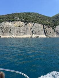 A stunning view of a rugged coastline with lush greenery, captured from a boat — perfect for showcasing the natural beauty of the area.