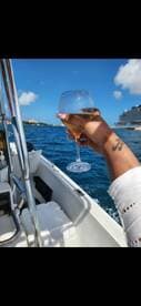 A hand raises a glass of champagne while enjoying a scenic boat ride, capturing the essence of celebration on the water.