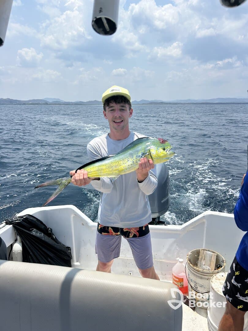A proud angler holds up a vibrant dolphin fish aboard a boat, showcasing the thrill of fishing in open waters.