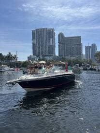 A lively group enjoys a day on the water aboard a boat, with a stunning city skyline in the background — perfect for social gatherings and celebrations.
