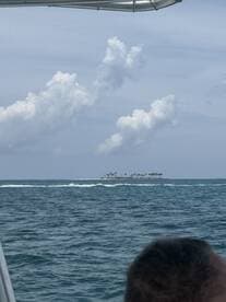 A scenic view of a distant island with palm trees, captured from a boat, showcasing the beauty of coastal landscapes during a boating adventure.
