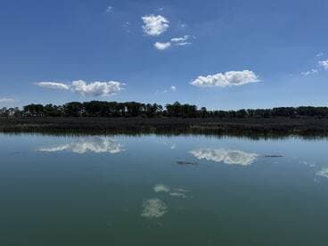 A serene view of a calm waterway reflecting the sky and trees, creating a tranquil atmosphere perfect for nature lovers.