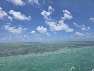 A scenic view of turquoise waters and a bright blue sky, but the image lacks clarity and focus.