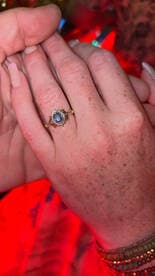 A close-up of a hand wearing a decorative ring, set against a vibrant background — perfect for capturing special moments or engagements.