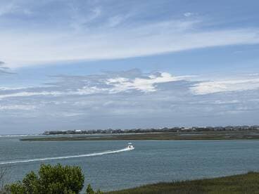 A scenic view of a boat navigating through tranquil waters, surrounded by lush greenery and coastal homes, perfect for showcasing the beauty of a day on the water.