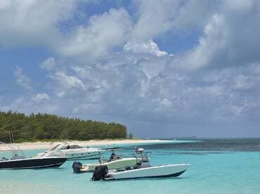 A scenic view of several boats anchored in crystal-clear waters, surrounded by lush greenery and a sandy beach, perfect for a day of relaxation and exploration.