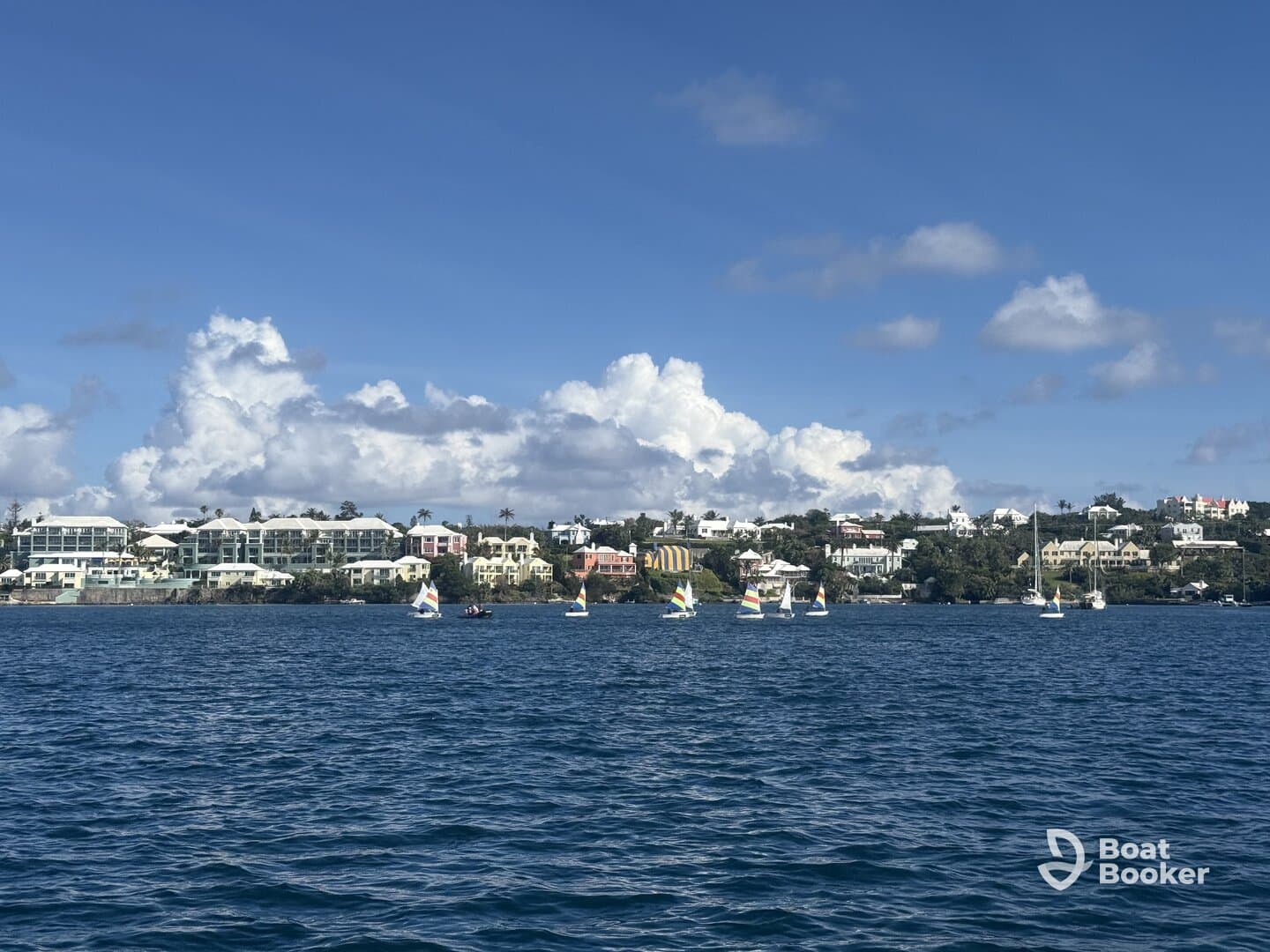A picturesque view of colorful sailboats gliding across the water with a charming coastal backdrop in Bermuda, perfect for sailing enthusiasts and scenic tours.