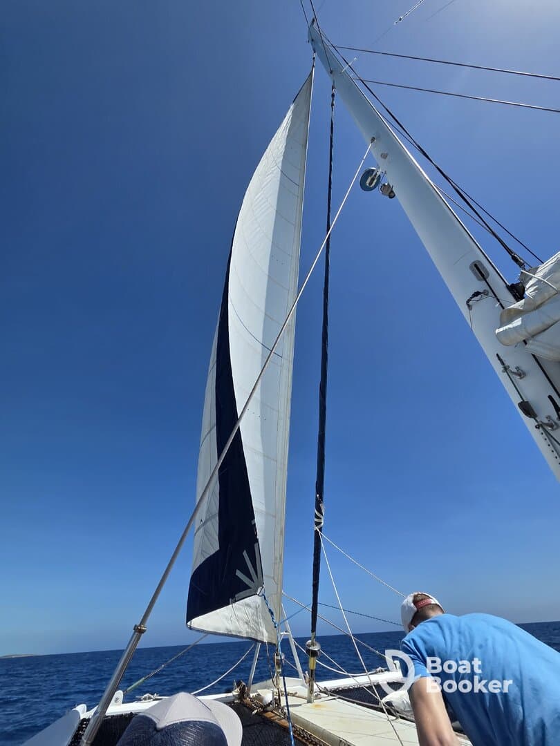 A sailor adjusts the sails on a catamaran under clear blue skies, showcasing the thrill of sailing on open waters.