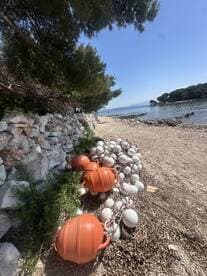 A collection of buoys and mooring equipment lined along the shoreline, showcasing essential amenities for boating and water activities.