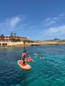 A group enjoys a sunny day by the water, with one person paddleboarding while others swim nearby — a perfect scene for summer fun and water activities.