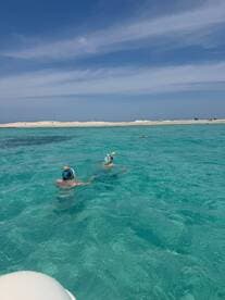 Two snorkelers explore the vibrant turquoise waters, enjoying a perfect day of swimming and adventure near a beautiful sandy beach.