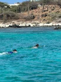 Two snorkelers explore the vibrant underwater world in crystal-clear turquoise waters, showcasing the beauty of a beach adventure.