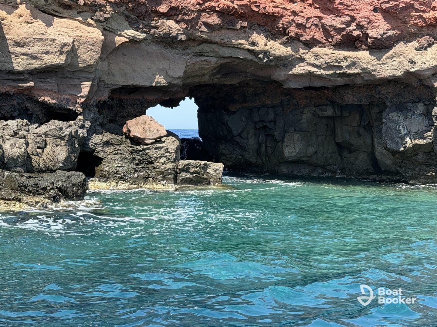 A stunning view of a natural rock formation with an archway, surrounded by clear turquoise waters — a picturesque coastal scene perfect for exploring marine landscapes.