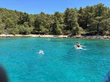 A vibrant scene of people enjoying a sunny day at the beach, with swimming and paddleboarding in crystal-clear waters — perfect for summer adventures.