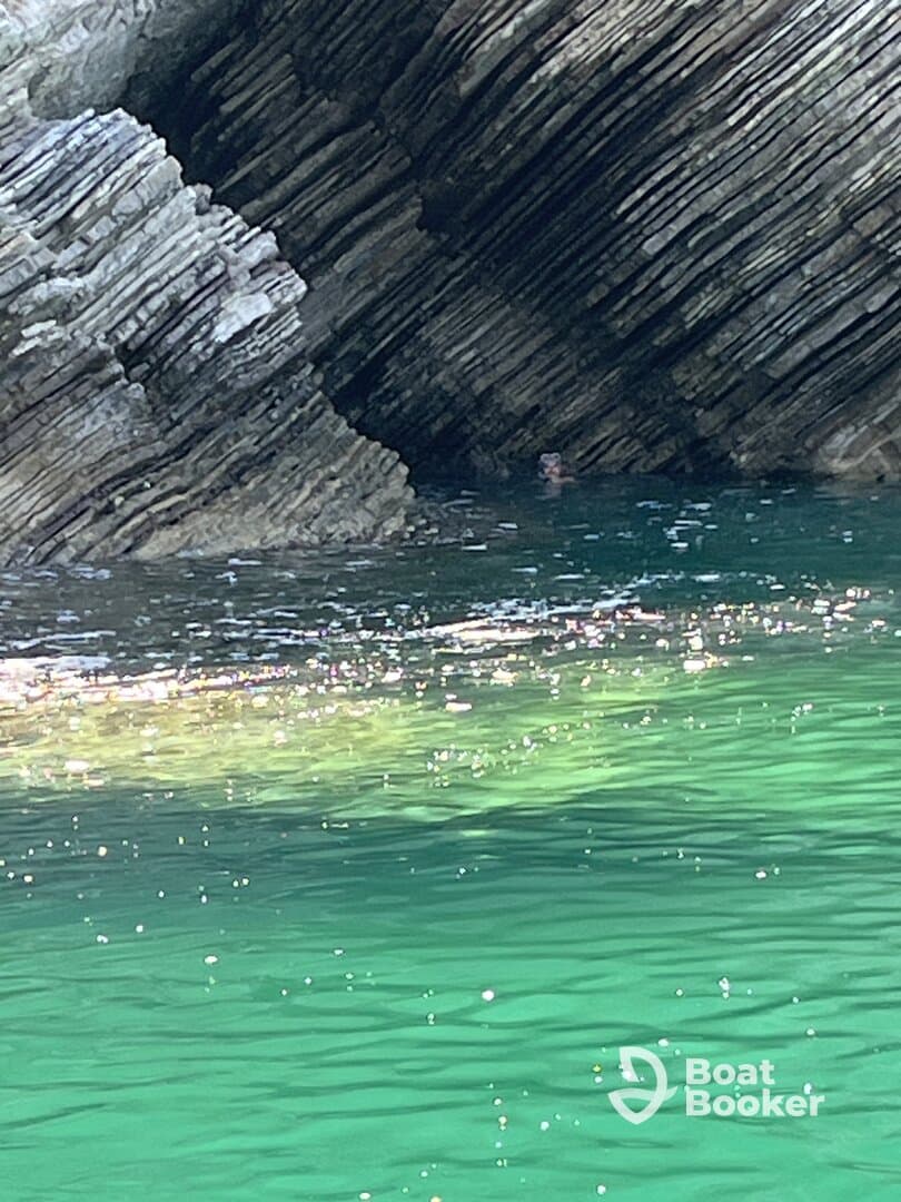 A serene underwater scene featuring a swimmer near stunning rock formations, showcasing the beauty of nature and aquatic adventures.