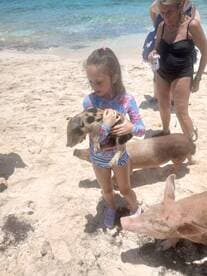 A young girl joyfully holds a piglet on the beach, surrounded by friendly pigs — a memorable wildlife encounter in the Bahamas.