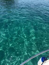 An unclear view of water with reflections, lacking identifiable subjects or context.