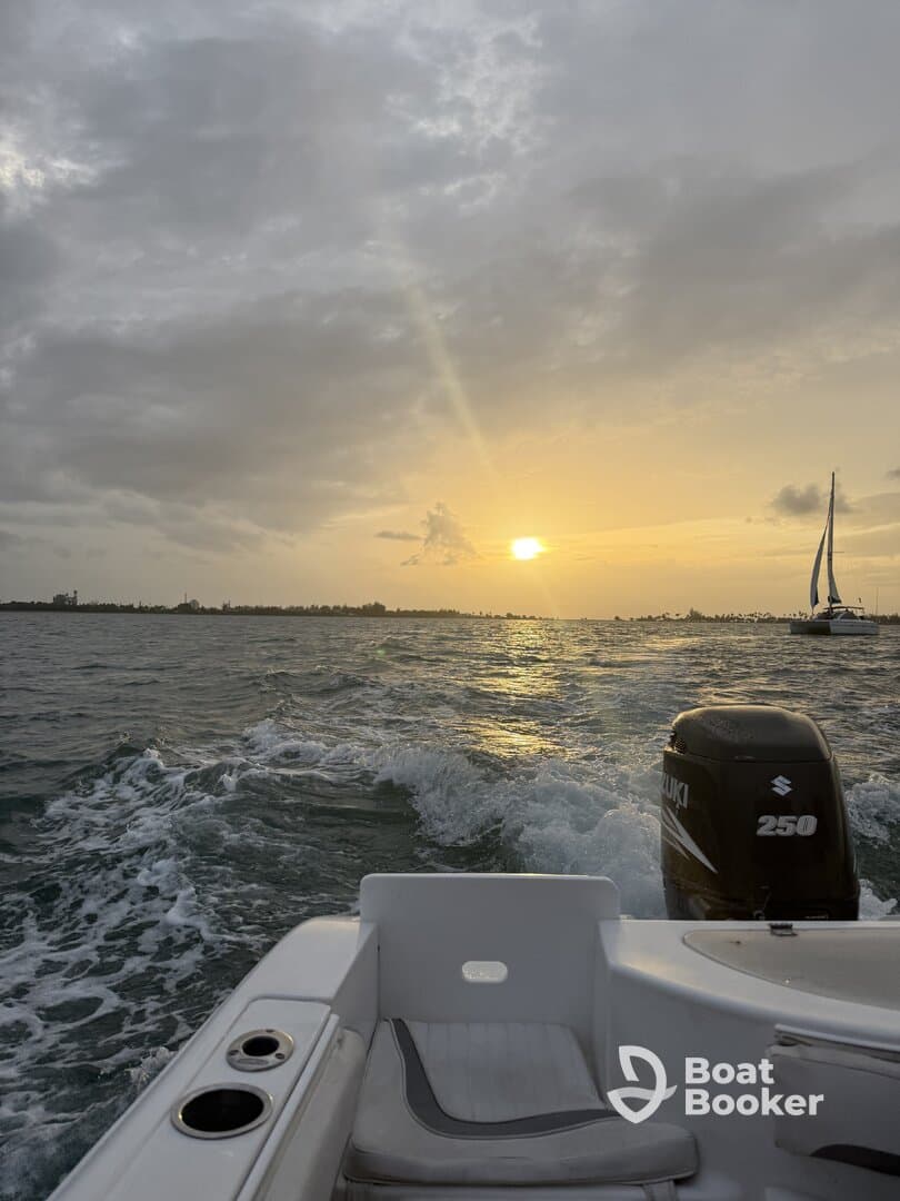 A serene sunset view from the back of a speedboat, showcasing the tranquil waters and distant sailboat, perfect for evening cruises.