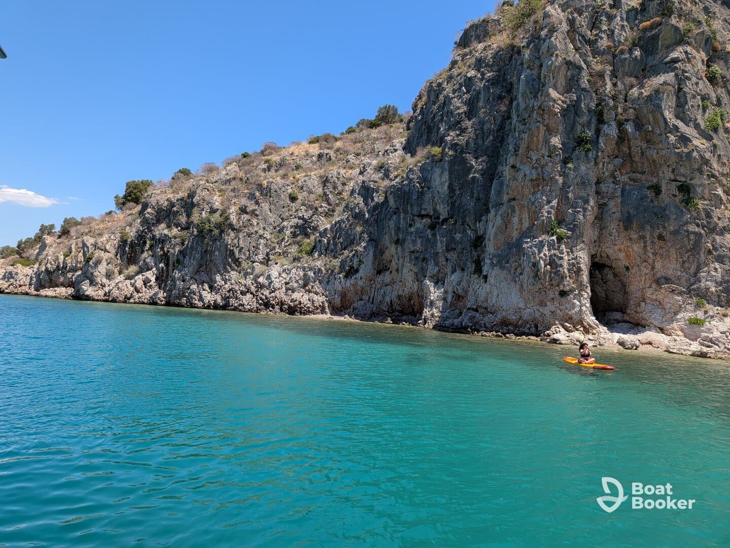 A kayaker navigates the tranquil waters along a stunning rocky coastline, showcasing the beauty of outdoor adventures on the water.