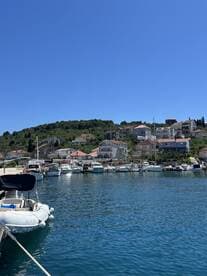 A picturesque view of a harbor filled with various boats, set against a backdrop of charming hillside homes under a clear blue sky.