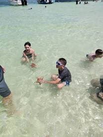 Children enjoy a fun day in the shallow waters, interacting with a starfish — a memorable wildlife experience perfect for family outings.