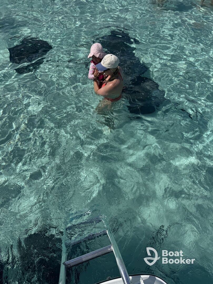 A child and an adult enjoy a close encounter with stingrays in crystal-clear waters, creating a memorable wildlife experience.
