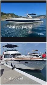 A side view of a sleek speedboat on the water, showcasing its design and structure, alongside a contrasting image of a different boat docked at the marina.