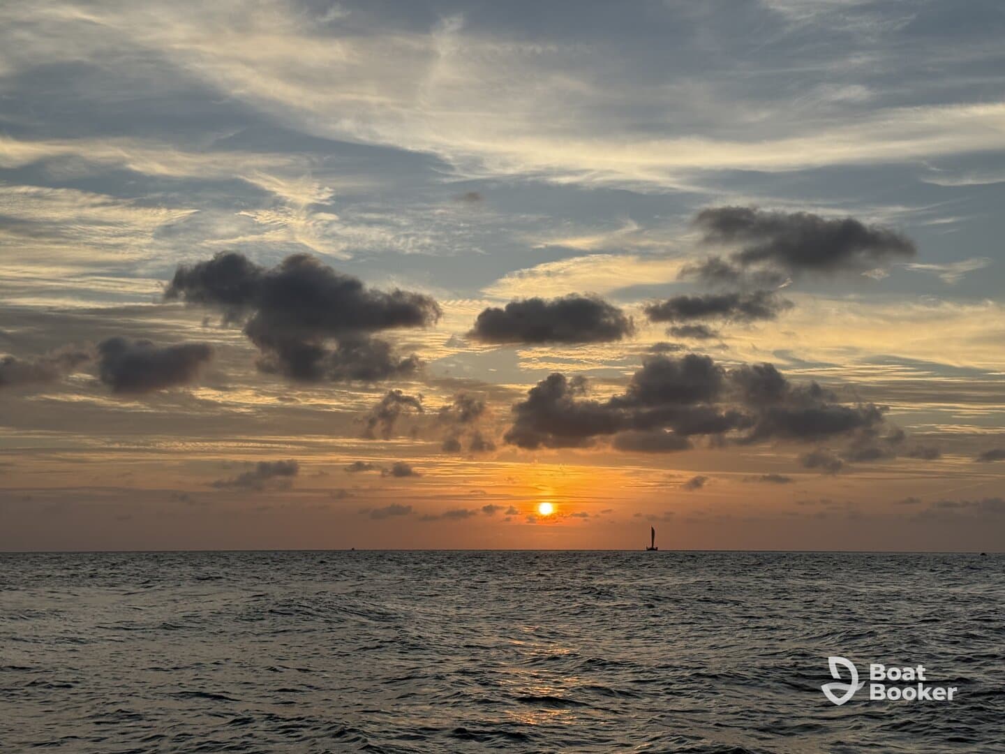 A stunning sunset over the ocean, with vibrant colors reflecting on the water — a perfect backdrop for evening boat cruises or romantic getaways.