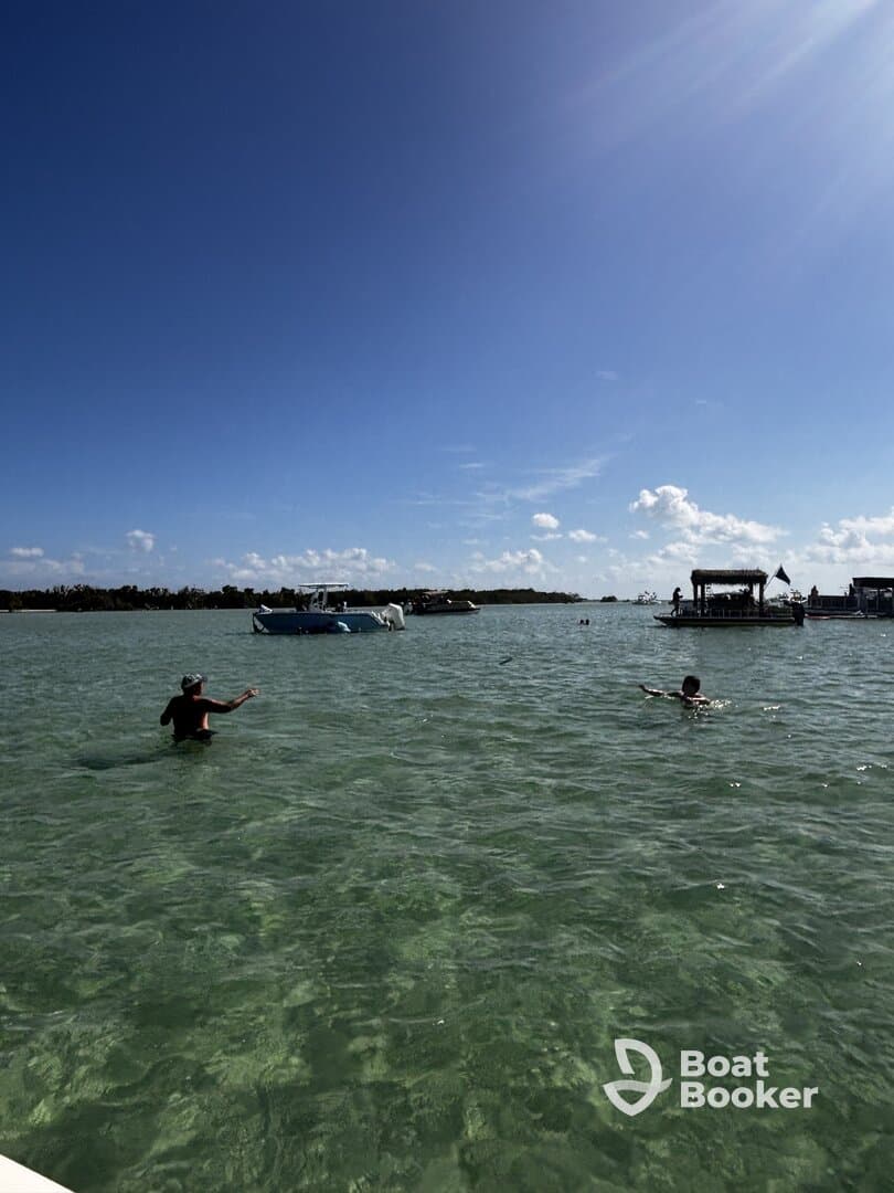 Guests enjoy a refreshing swim in clear waters at a sandbar, surrounded by boats — a perfect day for relaxation and fun on the water.