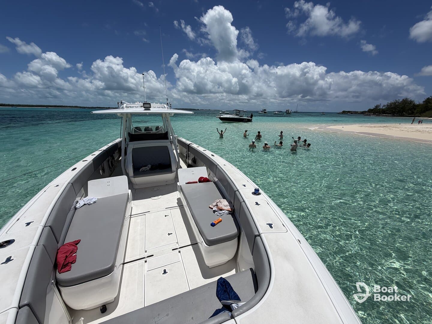 A lively group enjoys a sandbar stop, swimming in crystal-clear waters while the boat provides a perfect backdrop for a fun day at the beach.