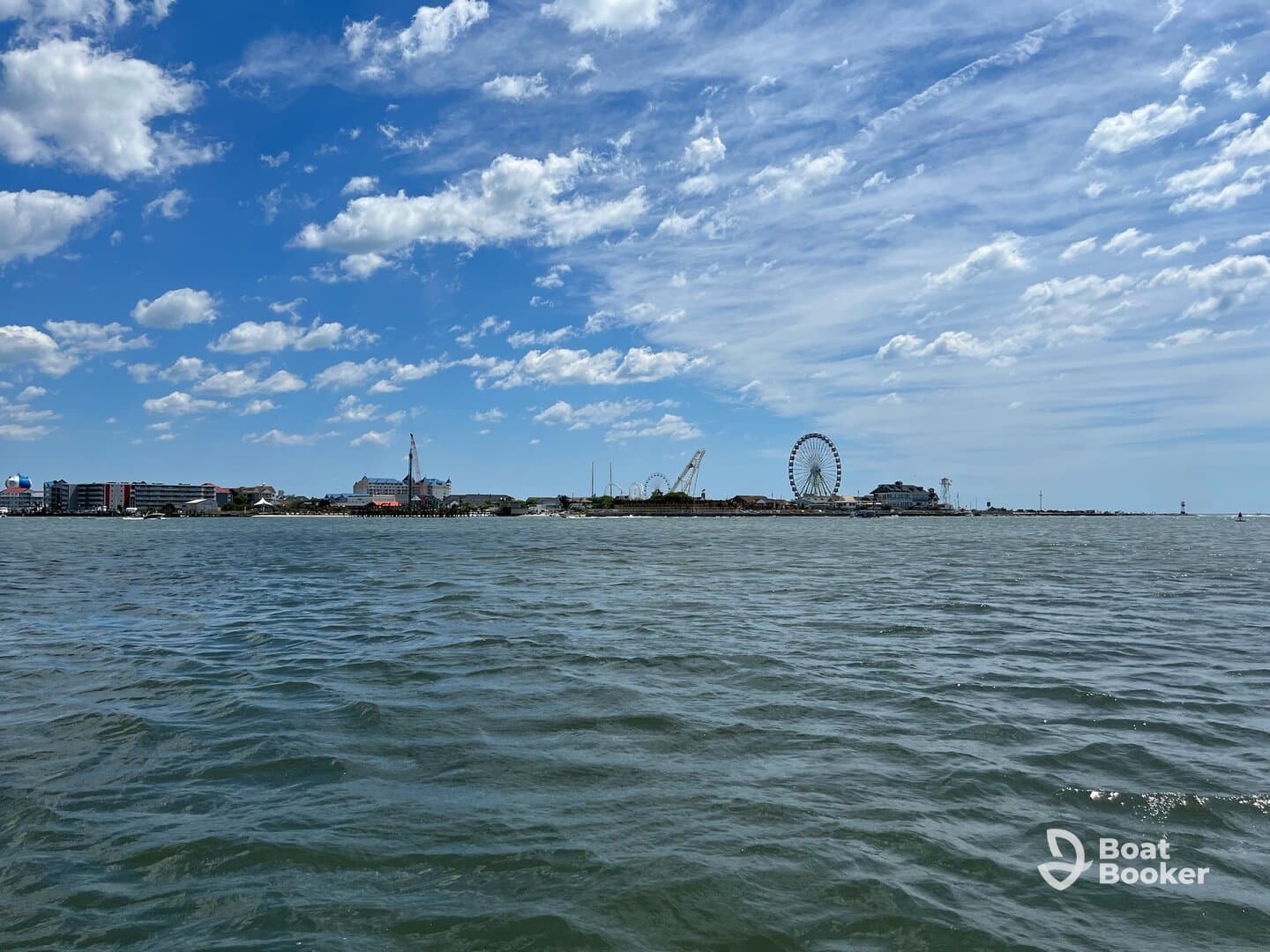 A picturesque view of a vibrant coastline featuring a ferris wheel and various attractions, perfect for capturing the essence of a fun day on the water.