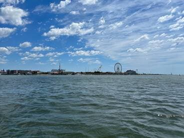 A picturesque view of a vibrant coastline featuring a ferris wheel and various attractions, perfect for capturing the essence of a fun day on the water.