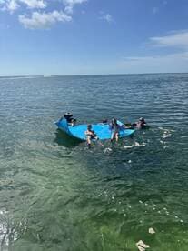 A lively group enjoys a fun day on a floating mat in the clear waters, perfect for family outings and summer adventures.