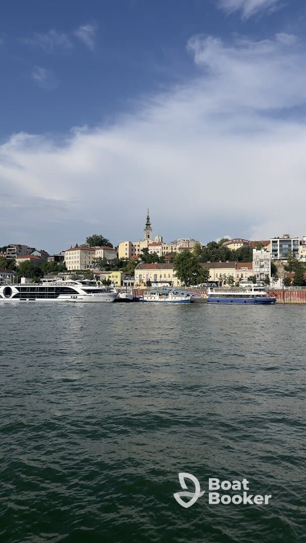 A picturesque view of a bustling harbor with various boats docked along the waterfront, showcasing the vibrant cityscape in the background.